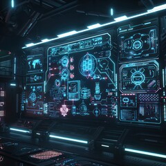 Fototapeta premium 19. Futuristic VR environment, glowing interfaces, dark theme