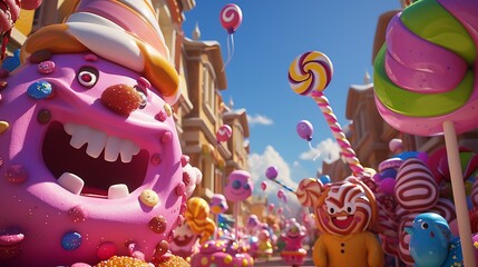 The image of a candy-themed parade with colorful floats, depicting larger-than-life candy characters, capturing the festive and whimsical essence of Candy Month, in stunning