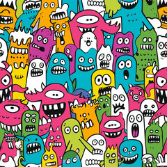 Fototapeta premium A colorful and fun seamless pattern featuring a crowd of cute and friendly cartoon monsters with various expressions and designs.