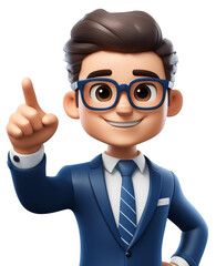 Happy smiling glasses man cartoon character. Man extends hand with index finger. Dressed in navy suit. Businessman standing confidently on transparent background. Successful person concept. PNG.