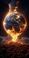 A fiery planet Earth engulfed in flames, representing climate change and environmental issues in a dramatic visual.