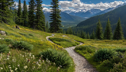 Obraz premium A serene forest scene with tall trees and lush green ferns. Sunlight filters through the branches, creating a mystical atmosphere. A path leads through the vibrant greenery, inviting exploration.