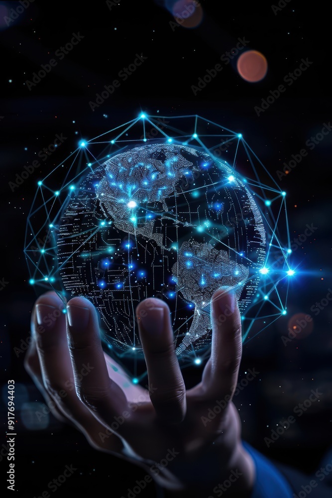 Poster a hand holding a glowing digital globe, showcasing interconnected networks and vibrant data visualiz