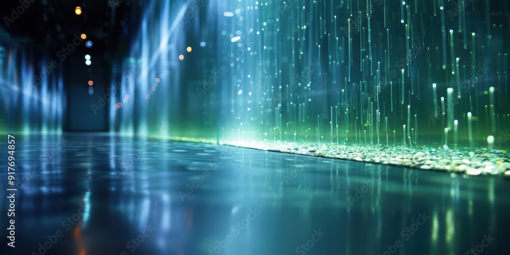 Poster a mesmerizing display of colorful light reflections on a wet surface, creating an artistic ambiance 