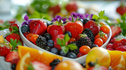 Fresh fruits vegetables in a heart shaped bowl ,generative ai