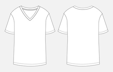 V- neck Short sleeve t shirt tops blouse for ladies technical drawing fashion flat sketch vector illustration template front and back views