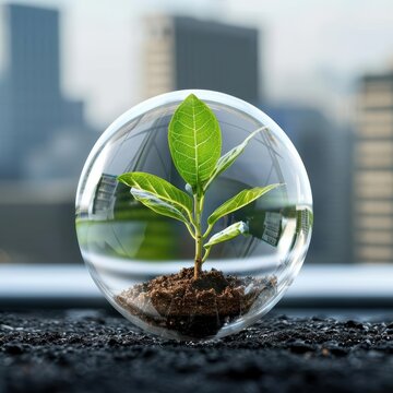 A small plant grows inside a transparent glass dome, symbolizing nature and sustainability in an urban setting.