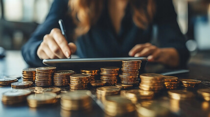 real estate agent using a tablet to present property details to clients, showcasing professionalism and modern technology in a stylish, professional setting