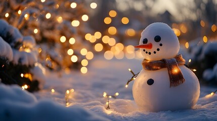 Obraz premium A close-up of a snowman with a carrot nose, coal eyes, and a scarf, surrounded by softly glowing Christmas lights draped on snow-covered bushes and trees in the background