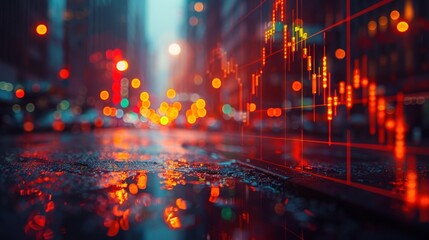 Fototapeta premium A close-up shot of a financial data display reflecting on a wet city street at night.