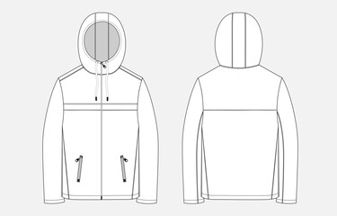 Long sleeve hoodie technical drawing fashion flat sketch vector illustration template front and back views. 
