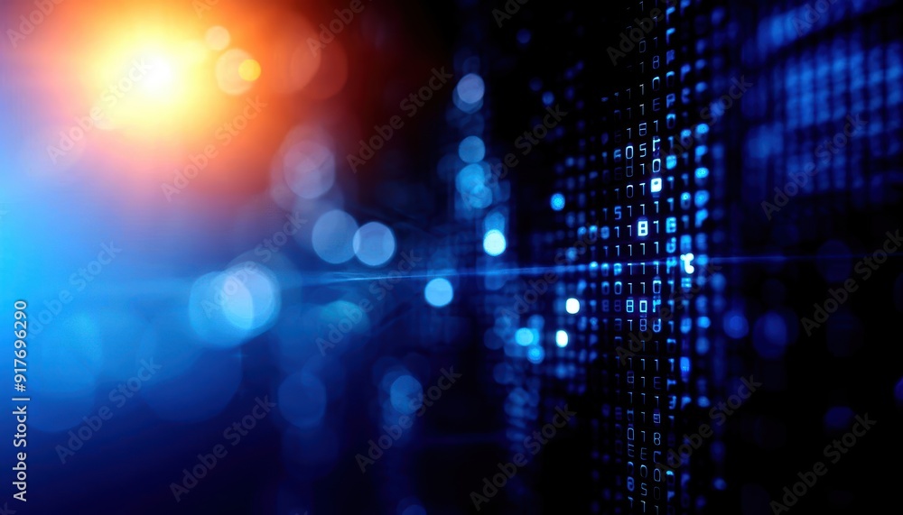 Poster abstract digital background with vibrant blue lights and orange highlights, creating a sense of dept