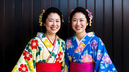 Two Japanese women wearing traditional Japanese kimono or yukata is happy and cheerful. Japanese traditional summer dress.