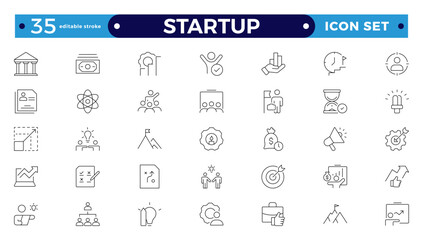 Startup and development outline icons set. Start up symbols collection. Launch, development, investment, innovation. Line icons related to project, startup, management. Editable stroke outline icon.
