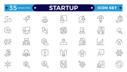 Startup and development outline icons set. Start up symbols collection. Launch, development, investment, innovation. Line icons related to project, startup, management. Editable stroke outline icon.