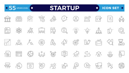 Startup and development outline icons set. Start up symbols collection. Launch, development, investment, innovation. Line icons related to project, startup, management. Editable stroke outline icon.