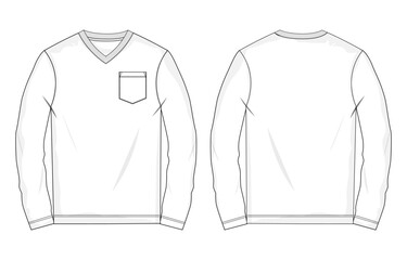 V- neck long sleeve with pocket t shirt technical drawing fashion flat sketch vector illustration template front and back views. 