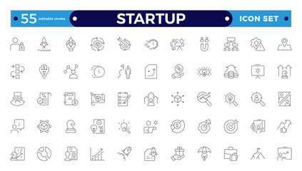 Startup and development outline icons set. Start up symbols collection. Launch, development, investment, innovation. Line icons related to project, startup, management. Editable stroke outline icon.