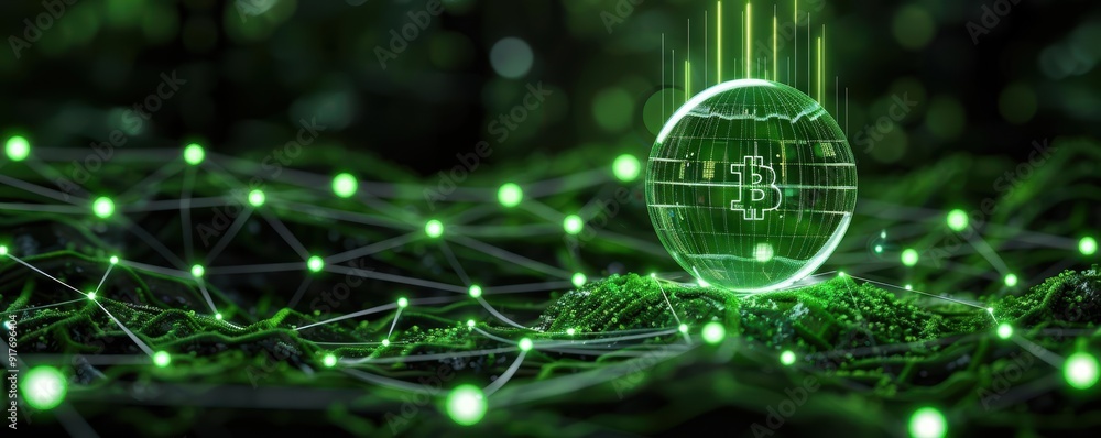 Poster futuristic digital currency representation with glowing green elements and interconnected nodes, sym