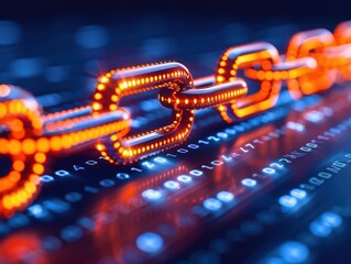 Futuristic digital chain symbolizing blockchain technology, illuminated with vibrant orange lights against a dark binary background.