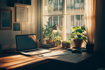 Working table with computer at home. Selective focus. Blurred background