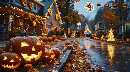 Festive Halloween decorations adorning a suburban street where families enjoy trick-or-treating