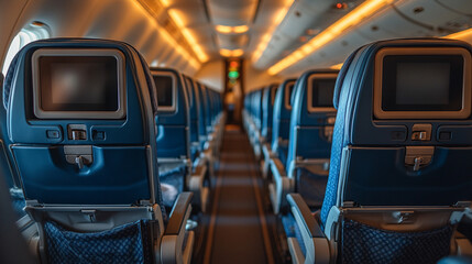 Airplane seats with blank LCD screens, showcasing a mockup device. Ideal for illustrating travel, technology, and modern aviation theme