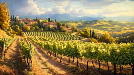 Fototapeta premium Verdant, rolling vineyards, grapevines, winemaking, high quality, photorealistic, rustic charm, scenic, harvest season, idyllic, countryside, panoramic, breathtaking