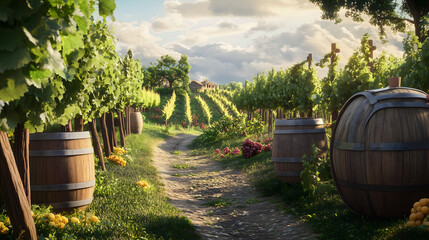 Naklejka premium Verdant, rolling vineyards, grapevines, winemaking, high quality, photorealistic, rustic charm, scenic, harvest season, idyllic, countryside, panoramic, breathtaking