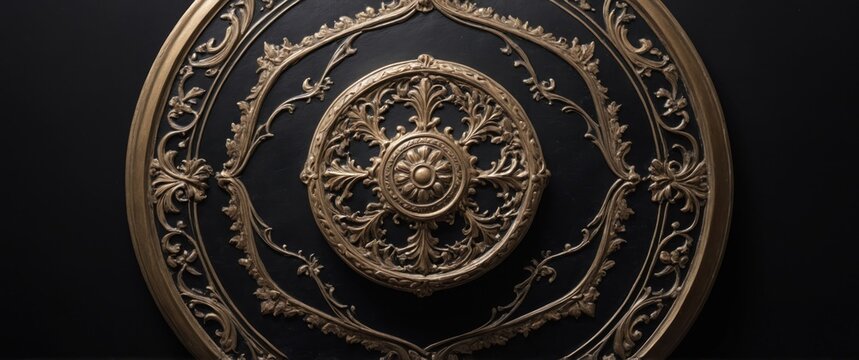 Elegant decorative medallion with detailed gold design on a black background