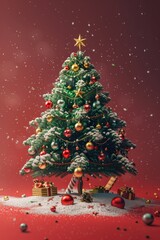 A Christmas tree adorned with ornaments lights and snow sits against a red background