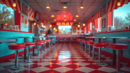 Retro Diner Interior with Checkered Floor.