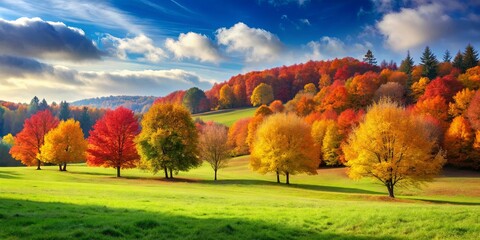 Autumn landscape featuring colorful trees in a peaceful meadow, autumn, landscape, trees, foliage, nature, season, colors, peaceful