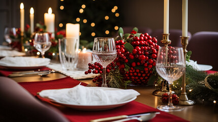 Fototapeta premium Christmas table decor, holiday tablescape and dinner table setting, formal event decoration for New Year, family celebration, English country and home styling inspiration