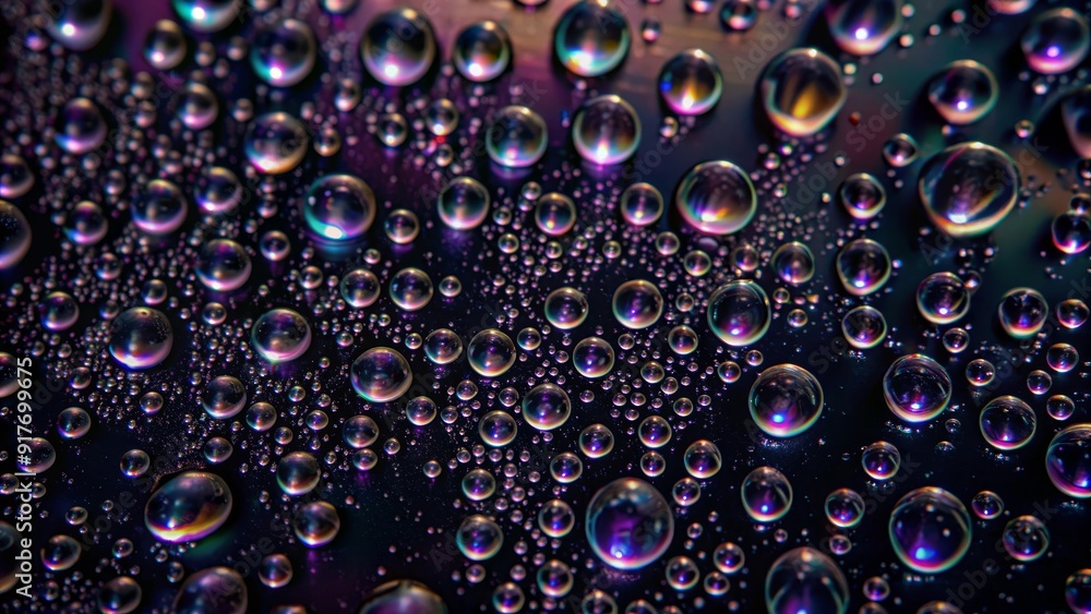 Poster iridescent water droplets on a dark surface - a close-up image of iridescent water droplets on a dar