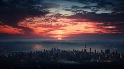 As twilight upon the cityscape, soft focus lights paint a dreamy glow across the skyline, 