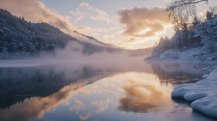 Obraz premium The lake is covered with a thin layer of ice, reflecting the soft light from the sun that filters through the sparse clouds, casting a silvery gleam. 