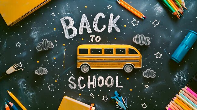 Background with colorful school supplies. Seamless looping time-lapse 4k video animation background