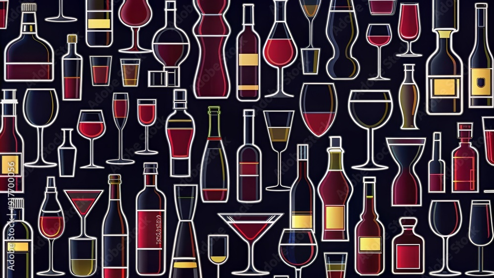 Poster red wine and glassware pattern - elegant seamless background - a stylish design featuring a repeatin