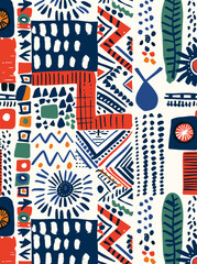 Fototapeta premium Abstract seamless pattern with geometric shapes, lines, and dots in bright colors. Perfect for textile, wallpaper, and other design projects.