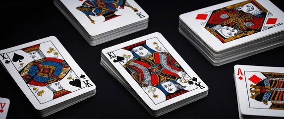 Obraz premium A vibrant set of playing cards scattered on a black background, perfect for games