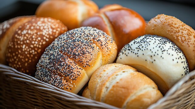 Assortment of freshly baked bread rolls with various seeds and toppings in a wicker basket. Perfect for breakfast or bakery imagery.