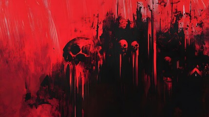 A Halloween banner featuring abstract splashes of red and black, with subtle hints of skulls and haunted house shapes, blended into a chaotic yet captivating composition