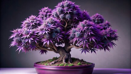 Purple Cannabis Bonsai Tree - A Symbol of Harmony and Growth - A vibrant purple cannabis bonsai tree, symbolizing peace, harmony, nature, resilience, and growth.