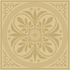 Vector golden classic Greek square ornament. Rectangle of Ancient Greece and Roman Empire. Byzantine painting of walls, floors and ceilings. Decoration of European palaces