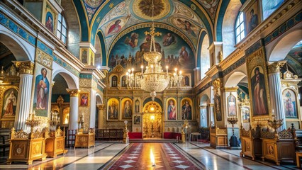 Naklejka premium Ornate Interior of a Greek Orthodox Church - The image showcases the grandeur of a Greek Orthodox church, featuring intricate mosaics, a grand chandelier, and a golden altar. It symbolizes faith, trad