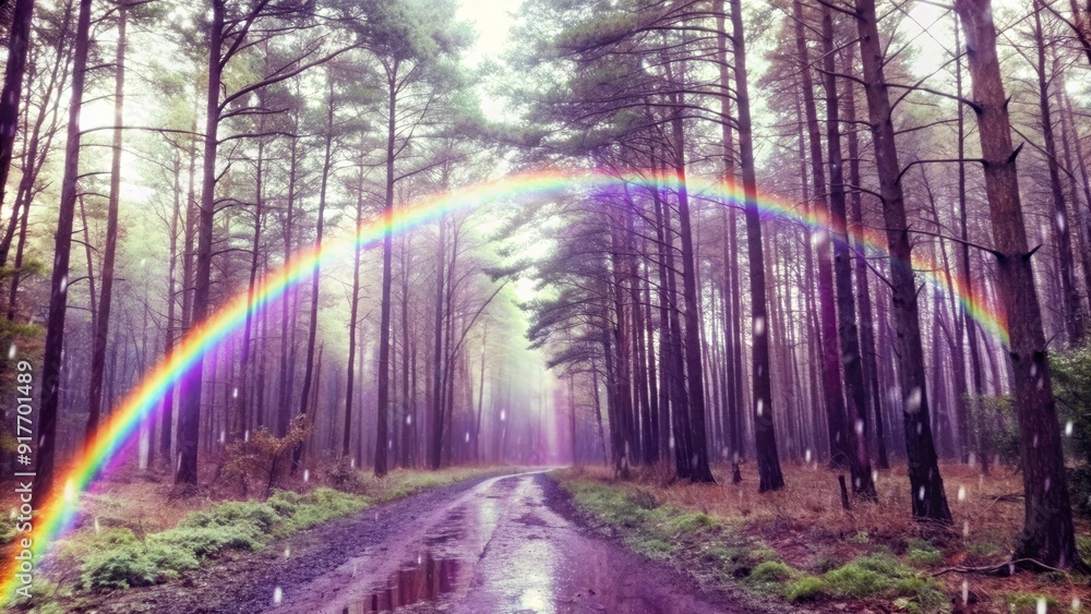 Poster magical rainbow forest path after rain - a magical forest path with a rainbow arching over it, symbo