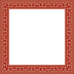 Vector square gold with red border, frame, Pompeii. Rectangle Neopolitan ornament. Art of Ancient Rome. Template for stained glas