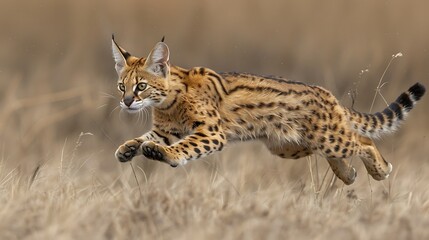 Elegant serval cat leaping to catch prey, grasslands 