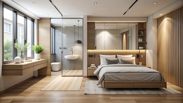 Bedroom cross-section, minimalist decor, ensuite bathroom